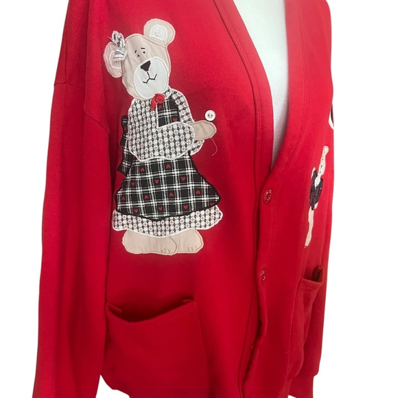 Vintage Teddy Bear Applique Red Button-Up Cardigan OS - Picture 2 of 5